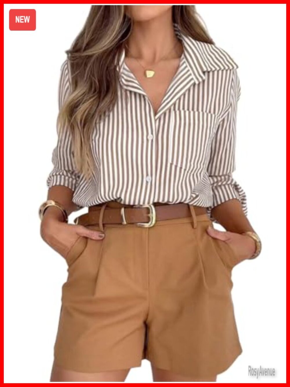 Striped Button Down Shirt Wrinkle-Free Breathable Work Blouse